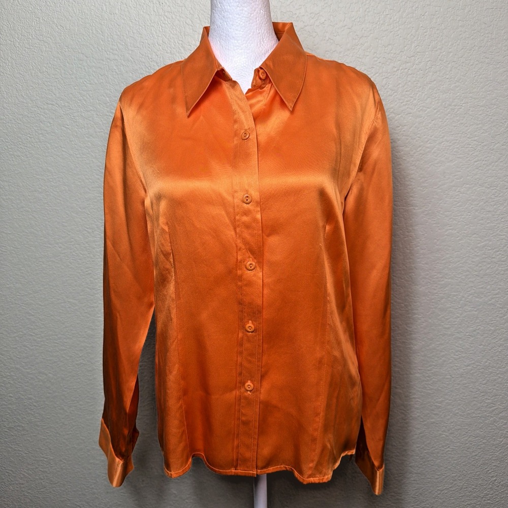 Metrostyle Silk Blouse Womens 8 Bright Orange Collared Satin Shiny Top Y2K VTG